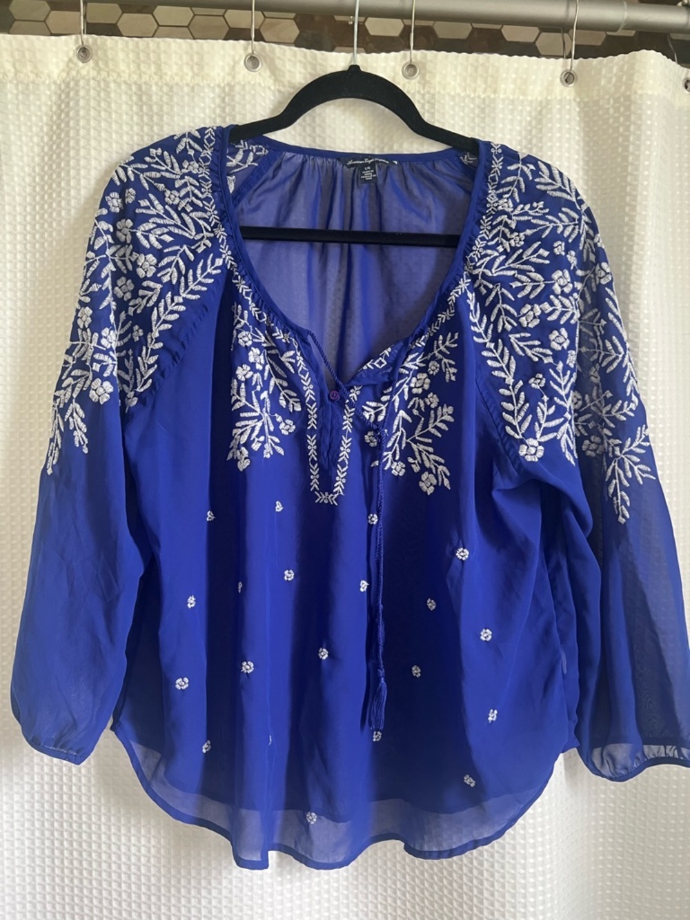 American Eagle Outfitters Royal Blue Embroidered Peasant Blouse Sz L